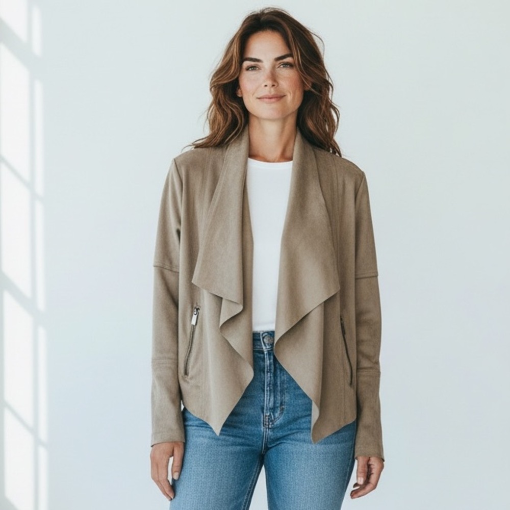 Baccini Tan/Taupe Suede Feel, Open Front Jacket. Drape Collar. Long Sleeves